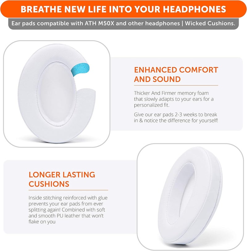 WC Wicked Cushions PadZ - Thick & Soft Ear Pads for ATH M50X / M40X / SteelSeries Arctis/HyperX Cloud & Alpha/Logitech G Pro X/Compatible with Over 50 Headphones | White - Image 3